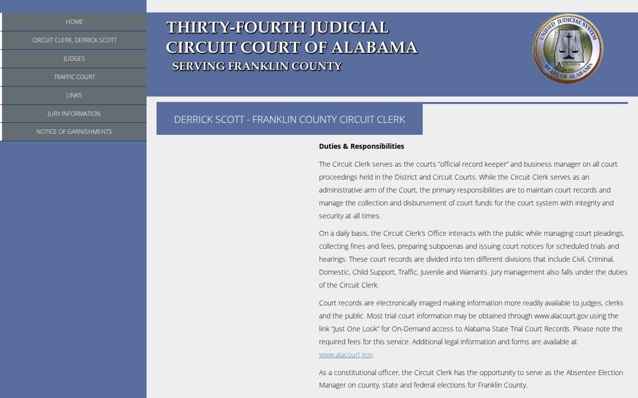 Franklin County Circuit Clerk court records duties page