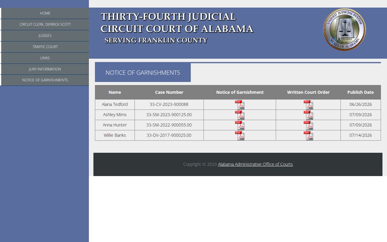 Franklin County court records public garnishment notice table