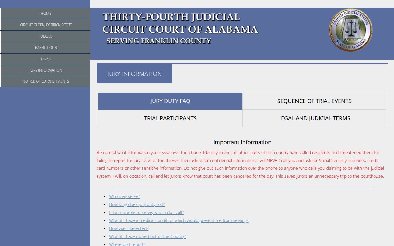 Franklin County Court records jury and courthouse visit information
