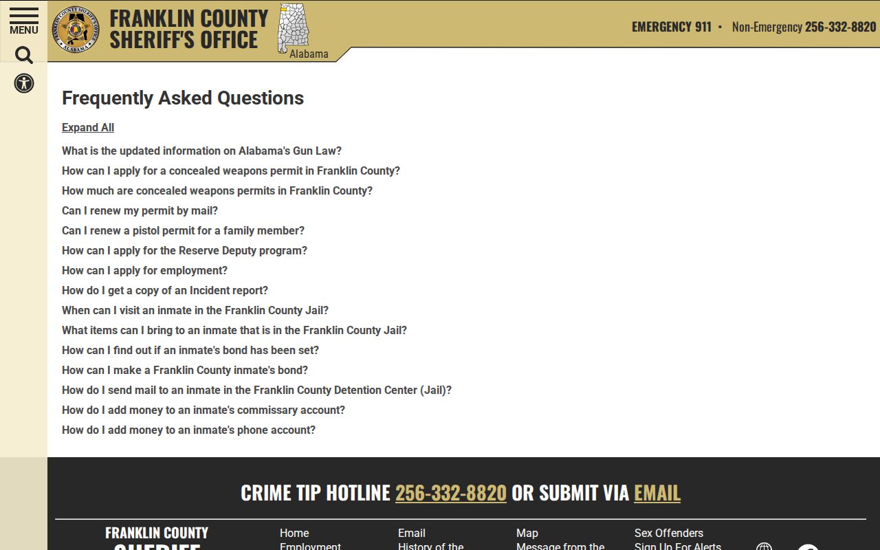 Franklin County inmate search sheriff FAQ for jail bonds and mail