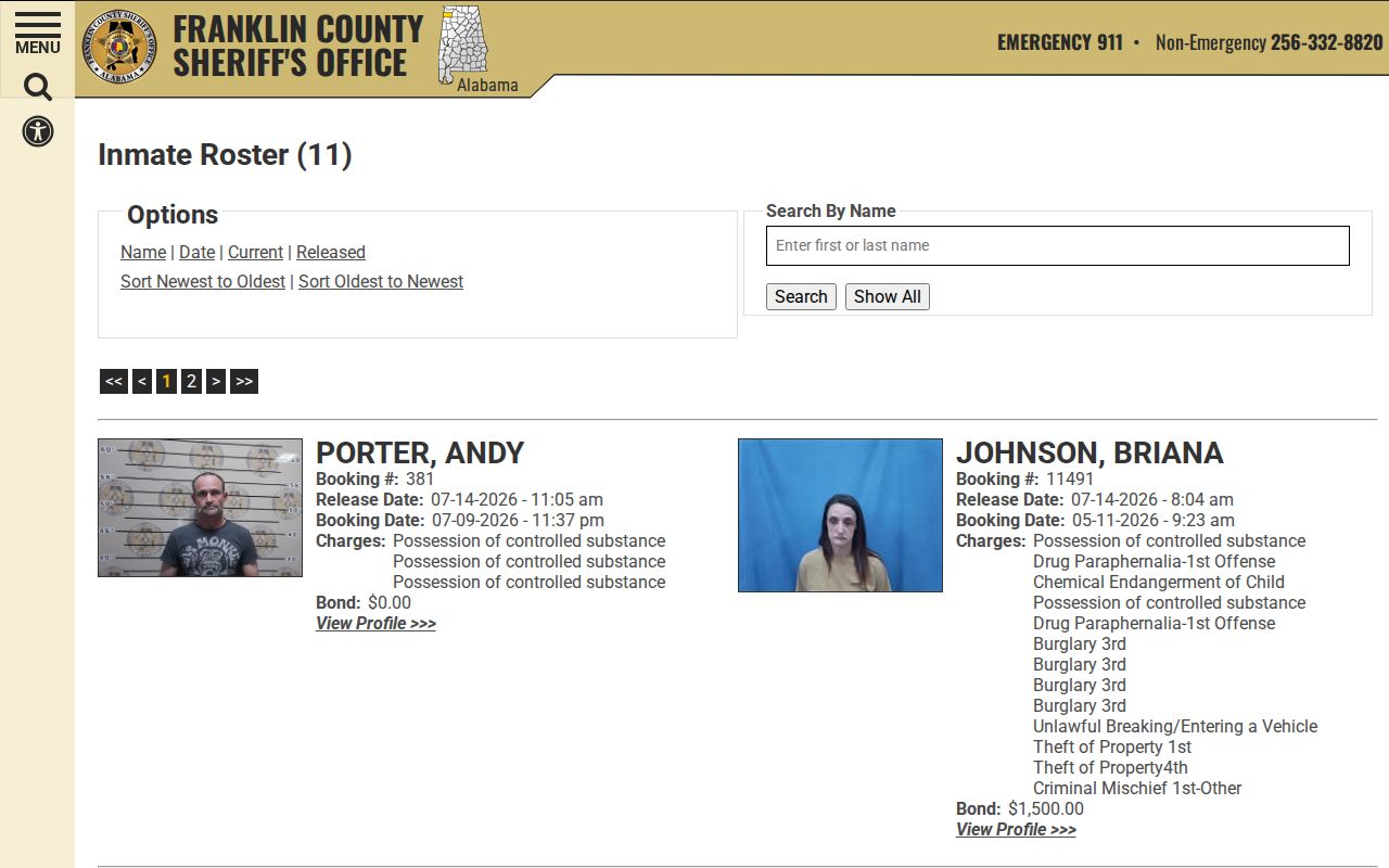 Franklin County inmate search 48-hour release roster fields
