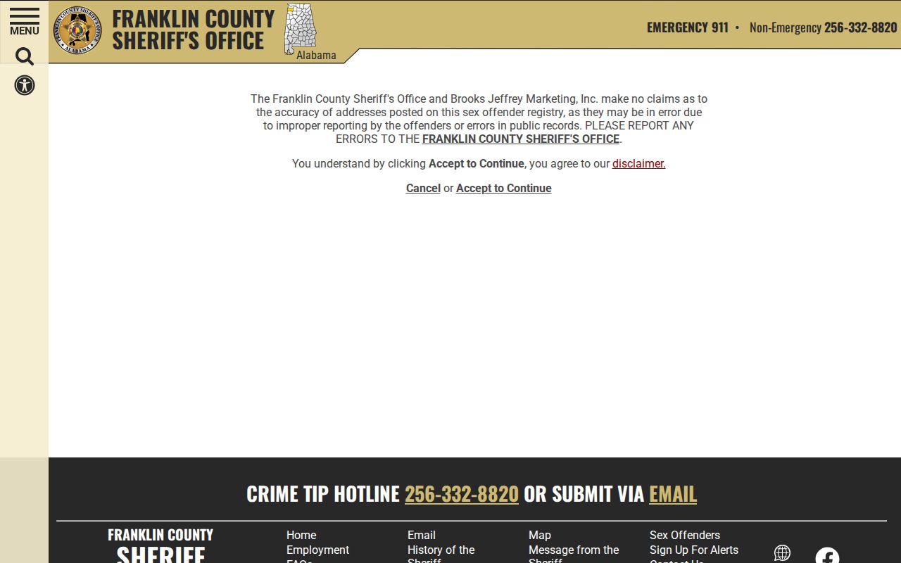 Franklin County inmate search sheriff sex offender disclaimer distinction